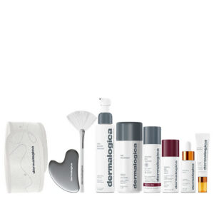 the expertise kit set dermalogica: daily microfoliant, exfoliating, exfoliating powder, 74 g + biolumin c, illuminating, eye serum, 15 ml + biolumin c, vitamin c, brightening, serum, for face, 30 ml + dynamic skin, retinol, anti wrinkle, serum, for face, 30 ml + daily glycolic, cleansing, cleansing gel, for face, 150 ml + dynamic skin, retinol, anti wrinkle, serum, for face, spf 50, 50 ml + gua sha , lifting, face massage stone + masque fan, multi face brush + dermalogica, hair band, white