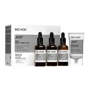 skin brightening set revox b77: just, caffeine 5%, anti dark circles, day, eye serum, 30 ml + just, vitamin c 2%, anti oxidant, serum, for face, 30 ml + just, glycolic acid 20%, toning, serum, for face, 30 ml + just, squalane, eliminates impurities, cleansing cream, 30 ml