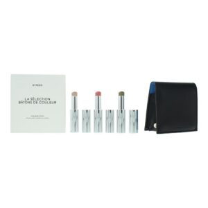 blue set byredo: colour stick, multifunctional, eyeshadow stick, 509, solar flare, 3.5 g + colour stick, multifunctional, eyeshadow stick, kumato face, 3.5 g + colour stick, multifunctional, eyeshadow stick, flower play, 3.5 g + byredo, gwp leather pouch