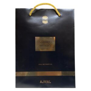 ajmal, amber wood, shopping, borsa per la spesa in cartone, carta, nero