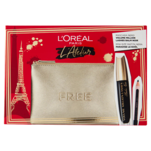 atelier kit set l'oreal paris: volume million lashes, volumizing & lengthening, mascara, black, 8.9 ml + paradise, kajal eye pencil, 1.2 g + textile makeup bag, gold