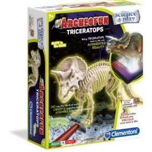 clementoni, science & play, archeofun triceratopo brilla al buio, puzzle, 61723, unisex, 7+ anni