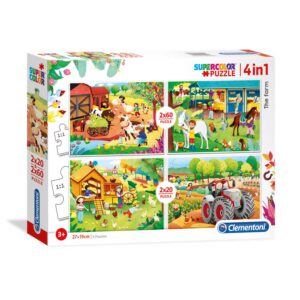clementoni, supercolor 4 in 1, la fattoria, puzzle, unisex, 3+ anni, 2 x 20 + 2 x 60 pz