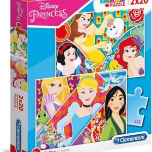 set duo, clementoni, supercolor, principessa disney, puzzle, per ragazze, 3+ anni, 2 x 20 pz