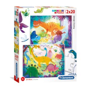 set duo, clementoni, supercolor, dinosauri divertenti, puzzle, unisex, 3+ anni, 2 x 20 pz