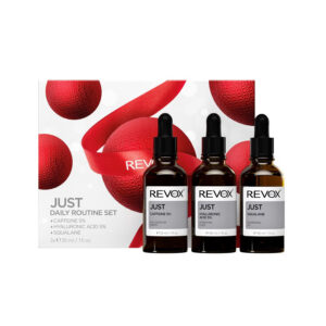 daily routine set revox b77: just, caffeine 5%, anti dark circles, day, eye serum, 30 ml + just, hyaluronic acid 5%, hydrating, fluid, for face, 30 ml + just, squalane, nourishing, oil, for face, 30 ml