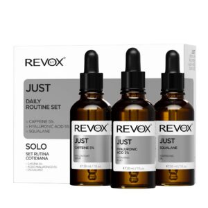 daily routine set revox b77: just, squalane, nourishing, oil, for face, 30 ml + just, caffeine 5%, anti dark circles, day, eye serum, 30 ml + just, hyaluronic acid 5%, hydrating, fluid, for face, 30 ml