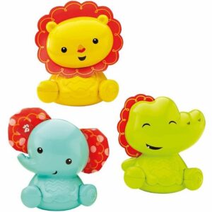 fisher price, roly polly friends, leone,elefante,coccodrillo, set di giocattoli sonagli, 3+ mesi