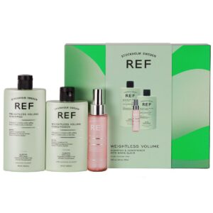 gift box set ref stockholm: weightless volume, sulfates free, hair shampoo, texturizing & volumizing, 285 ml + weightless volume, sulfates free, hair conditioner, smoothens & volume, 245 ml + shine elixir, hair serum, softening, 80 ml
