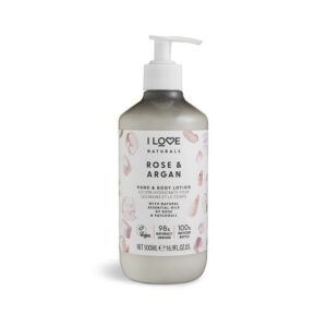 i love, naturals collection, vegano, idratante, rosa & argan, lozione, per mani e corpo, 500 ml