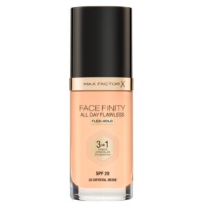 max factor, facefinity all day flawless, vegano, opaco, primer, correttore e fondotinta 3 in 1, 33, beige cristallo, spf 20, 30 ml