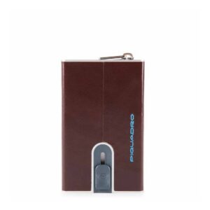 piquadro, blue square, porta carte in pelle, sistema scorrevole quadrato con tasca portamonete con zip, pp5359b2r mo, mogano, per uomini