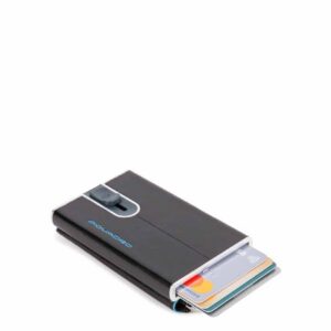piquadro, blue square, porta carte in pelle, sistema scorrevole quadrato con tasca portamonete con zip, pp5359b2r n, nero, per uomini