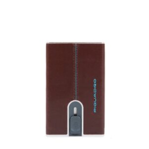 piquadro, blue square, porta carte in pelle, sistema scorrevole quadrato con fermasoldi, pp5358b2r, mogano, per uomini
