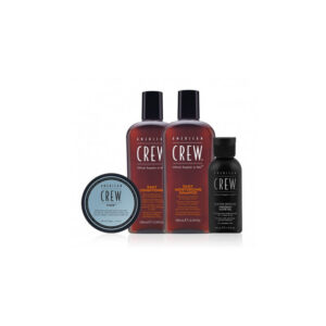 essential set american crew: daily, hair conditioner, for moisturizing, 100 ml + daily, hair shampoo, moisturising, 100 ml + fiber, hair styling pomade, for styling, strong hold, 50 ml + precision, soothing, shaving gel, 50 ml