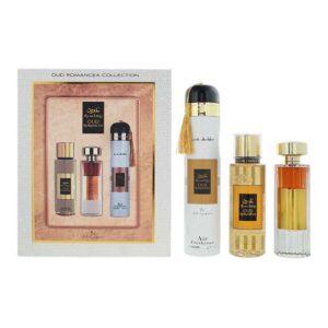 set ard al zaafaran: oud romancea, eau de parfum, for women, 100 ml + oud romancea, scented spray, for women, 250 ml + oud romancea, amber, room air freshener, 300 ml