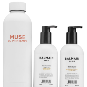 set balmain professionnel: balmain professionnel, argan oil, hair shampoo, moisturizing, 300 ml + balmain professionnel, hair conditioner, for moisturizing, 300 ml + muse du printemps, gwp steel water bottle, white