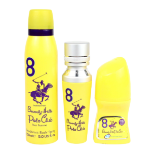 set beverly hills polo club: 1982 sport 8, eau de parfum, for women, 50 ml + 1982 sport 8, freshness, body spray, 150 ml + no.8, anti perspirant, deodorant roll on, for women, 50 ml