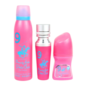 set beverly hills polo club: no. 9, eau de parfum, for women, 50 ml + no. 9, anti perspirant, deodorant roll on, for women, 50 ml + 1982 sport 9, freshness, body spray, 150 ml
