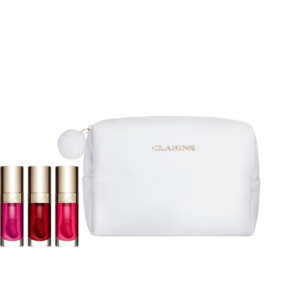 set clarins: lip comfort, plumping, lip oil, 02, raspberry, 7 ml + lip comfort, plumping, lip oil, 01, honey, 7 ml + lip comfort, plumping, lip oil, 04, pitaya, 7 ml + lip comfort, berry tint, lip oil, 03, cherry, 7 ml