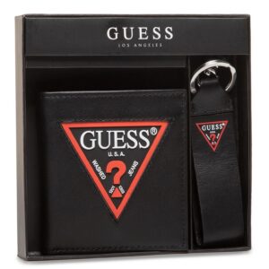 set guess: guess, leather keyring, black + daelon, leather wallet, small billfold, red/black, for men