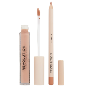 set makeup revolution: makeup revolution, liquid lipstick, stunner, 3 ml + makeup revolution, precision, lip liner, stunner, 1 g