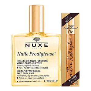 set nuxe: huile prodigieuse or multi purpose, body oil, for body, face & hair, 100 ml + huile prodigieuse or multi purpose, nourishing, roll on body oil, 8 ml