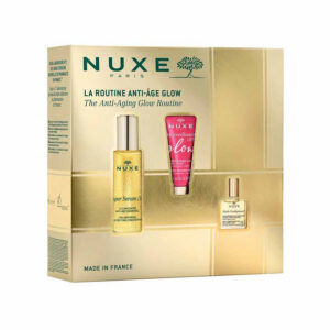 anti aging glow routine set nuxe: super serum [10], vegan, anti ageing, day & night, serum, for face & neck, 30 ml + merveillance lift, glow firming, cream, for face, 15 ml + huile prodigieuse rich multi purpose, body oil, for face, body & hair, 10 ml *miniature