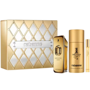 set paco rabanne: million gold, eau de parfum, for men, 100 ml + million gold, eau de parfum, for men, 10 ml + 1 million, anti perspirant, deodorant spray, for men, 150 ml