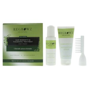 set regrowz: homeopathic, scalp serum, restorative, 75 ml + homeopathic, scalp cream treatment, hydrate & protect, 75 ml + homeopathic, mini, hair brush, white