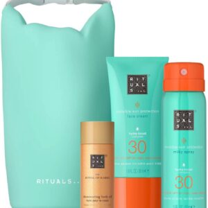 set rituals: the ritual of karma, shimmer, body oil, 30 ml + the ritual of karma, sun protection, cream, for face, spf 30, 50 ml + the ritual of karma, white tea, sun protection, sunscreen spray, spf 30, 50 ml