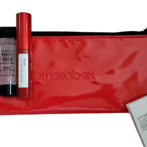 deluxe trial size set smashbox: super fan, volumizing, mascara, black, 5 ml + photo finish, smoothing, liquid primer, 7.1 ml + textile makeup bag, red