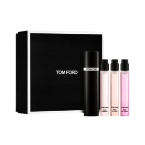 set tom ford: rose de russie, eau de parfum, for women, 10 ml + rose de chine, eau de parfum, for women, 10 ml + rose d'amalfi, eau de parfum, for women, 10 ml + tom ford, refillable atomizer case, black