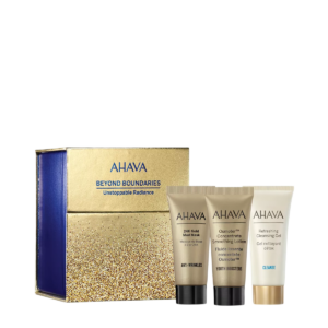 unstoppable radiance set ahava: osmoter concetrate, smoothing, lotion, for face, 15 ml + refresing, eliminates impurities, cleansing gel, for face, 15 ml + 24k gold mineral, anti wrinkle, mud mask, for face, 15 ml + ahava, gwp textile pouch