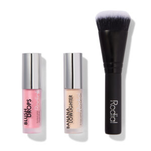 xmas 2024 set rodial: blush drops, radiant finish, liquid blush, frosted pink, 15 ml + banana lowlighter, illuminating, liquid highlighter, for face, 1.6 ml + the buffing, mini, foundation brush, no. 10